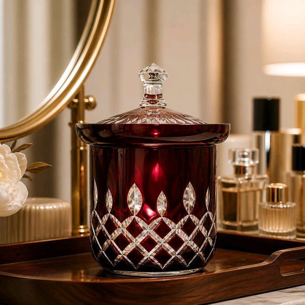Ajka Crystal Ruby Red cut-to-clear Covered Jar Magda Nemeth Biscuit Tobacco